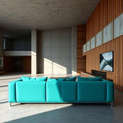 Wall Mural - Streamlined turquoise sofa in contemporary living space with exposed concrete and wood paneling wood concrete design wood design concrete architecture wall floor modern