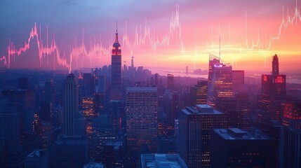 Aufkleber - A stunning cityscape at sunset, featuring skyscrapers with a digital graph overlay, symbolizing finance and urban dynamics.