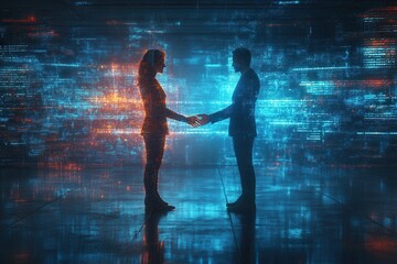 Aufkleber - A futuristic scene depicting two silhouettes holding hands, surrounded by vibrant digital patterns and glowing lights, symbolizing connection and technology.