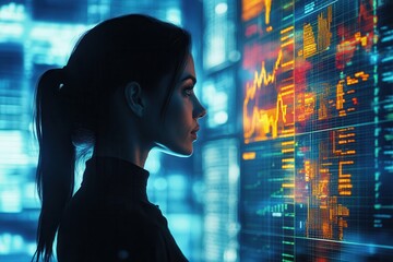 Fototapete - A profile view of a woman analyzing digital data on a futuristic screen, illuminated by colorful graphs and statistics, suggesting a tech-savvy environment.