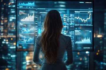 Poster - A woman observes financial data on a large screen against a city skyline, illustrating technology and finance in a modern setting.