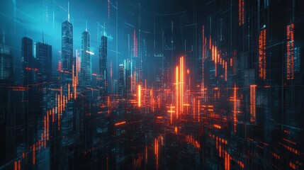 Fototapete - A futuristic cityscape with vibrant neon lights, showcasing a digital landscape filled with glowing data streams and towering structures.