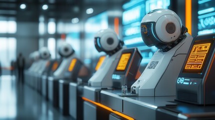 Fototapete - Futuristic robots with glowing screens in a modern environment, showcasing advanced technology and automation.
