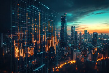 Fototapete - A vibrant cityscape at dusk, showcasing skyscrapers with glowing lights and digital overlays, blending urban life and technology.