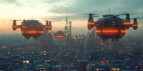 Poster - Futuristic drones hover over a sprawling urban landscape at sunset, illuminated with vibrant orange lights against a cloudy skyline.