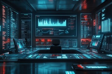 Fototapete - A futuristic control room filled with glowing screens displaying data, graphs, and digital interfaces, creating a high-tech atmosphere.