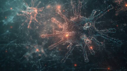 Poster - A mesmerizing close-up view of a digital representation of microorganisms, showcasing intricate details and vibrant colors against a dark background.