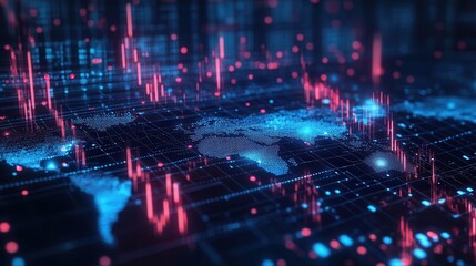 Fototapete - A vibrant digital landscape visualizing data trends with interconnected nodes, glowing lines, and dynamic graphs representing financial or technological information.