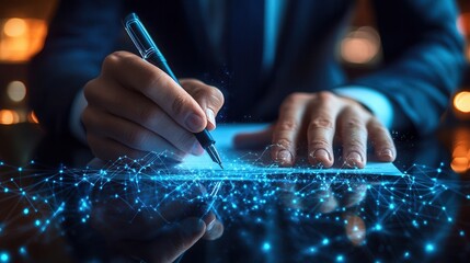 Aufkleber - A businessman writes on a glowing surface, surrounded by blue digital particles, suggesting innovation and creativity in technology and communication.