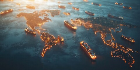Poster - Aerial view of illuminated cargo ships scattered across a dark ocean, resembling a glowing world map at dusk.