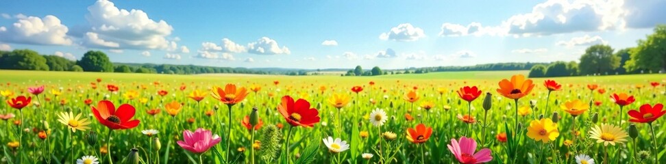 a field of wildflowers stretching across the horizon on a sunny spring day, meadow, landscape