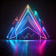 Wall Mural - Nested neon triangles create a vibrant, reflective tunnel against a dark background.