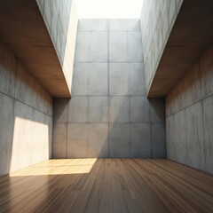 Wall Mural - minimalist interior, concrete walls, skylight, natural light streaming in, empty room, wooden floor, modern architecture, geometric shapes, shadow play, serene atmosphere, high ceilings, brutalist des