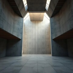 Wall Mural - Brutalist architecture, concrete walls, skylight, minimalist interior, dramatic lighting, geometric shapes, long hallway, shadow play, industrial aesthetic, monochromatic color scheme, stark contrast,