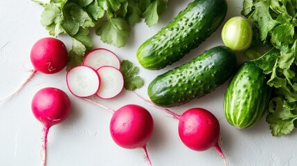 Poster - Fresh Green Cucumbers and Red Radishes with Parsley on a White Background