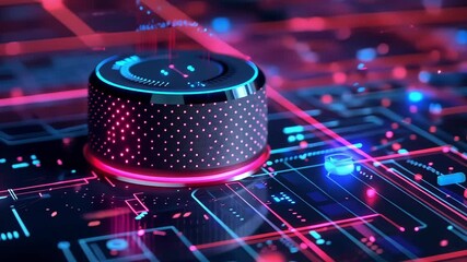 Poster - Futuristic device with glowing lights controlling complex circuit board with data flow, representing advanced technology and innovation