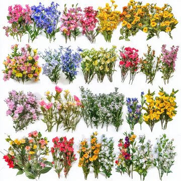 Flowers and shrubs of various colors isolated on white background