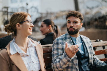 Wall Mural - Two business people are seen outdoors, actively engaged in conversation. They appear relaxed and focused, utilizing a pleasant outdoor environment for discussion. They represent modern business