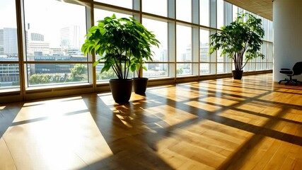 Aufkleber - Bright Modern Office Interior with Large Windows and Lush Green Plants