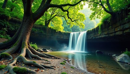 Wall Mural - ancient tree roots and branches near a waterfall, wildlife, scenery