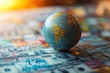 Poster - A globe rests on a backdrop of various currencies, symbolizing global finance and international trade.
