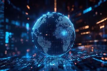 Fototapete - A digital globe composed of glowing blue data points, representing technology, connectivity, and global information transfer.