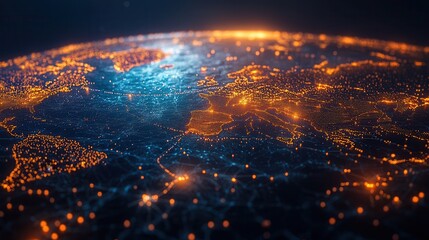 Fototapete - A vibrant, illuminated view of Earth from space, showcasing interconnected networks of cities and glowing landscapes.