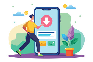 Poster - A person interacts with a large mobile phone displaying a download button during a casual moment, Mobile phone with a download button and a person transferring a file, illustrated in a flat style.