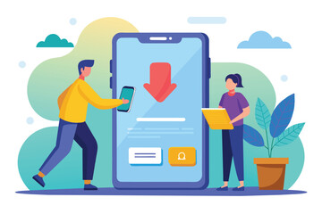 Poster - A person is using a smartphone with a download button, while another holds a laptop nearby Mobile phone with a download button and a person transferring a file, illustrated in a flat style.
