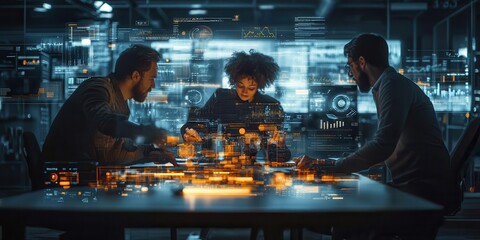 Fototapete - Three individuals collaborate around a futuristic table displaying digital data and holograms, immersed in a tech-driven brainstorming session.