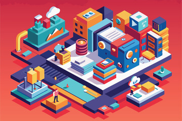 Poster - a vibrant isometric workspace features diverse business elements and activities in an urban setting 