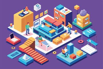 Poster - A colorful workspace features people engaged in different activities, surrounded by various structures and objects MS Customizable Isometric Illustration