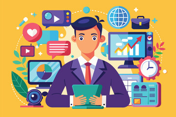 Poster - A professional consultant engages with digital devices and graphics to strategize multimedia projects Multimedia industry consultant, flat illustration