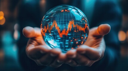 Fototapete - A person holds a crystal ball with a glowing graph, symbolizing finance, forecasting, and technology in a dark, atmospheric setting.
