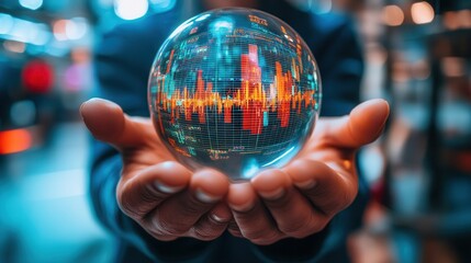 Fototapete - A person holds a crystal ball displaying colorful data visualizations, symbolizing technology, data analysis, and futuristic insights.