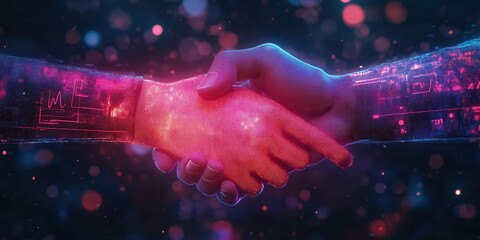 Poster - Two hands, one human and one digital, clasped together in a vibrant, colorful display symbolizing unity and technology.