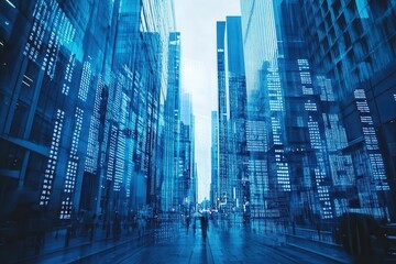 Poster - A futuristic cityscape featuring tall buildings illuminated by blue lights, creating a vibrant and dynamic urban atmosphere.