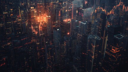 Poster - Aerial view of a futuristic cityscape illuminated by glowing lights against a dark backdrop, creating a vibrant yet mysterious atmosphere.
