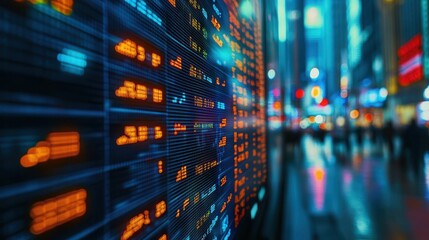 Poster - A vibrant cityscape featuring illuminated digital screens displaying data, creating a modern urban atmosphere with reflections on wet surfaces.