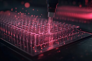 Poster - A futuristic laboratory scene showing a pipette dispensing liquid into a grid of test tubes illuminated with a pink hue.