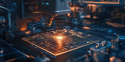 Poster - A close-up view of a circuit board being examined under a microscope, showcasing intricate patterns and glowing connections, highlighting technology and innovation.