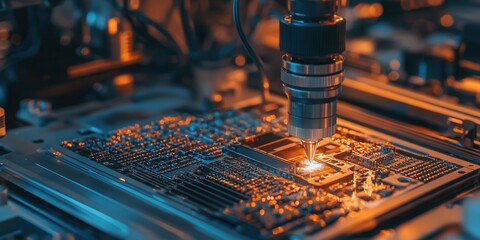 Poster - A close-up view of a circuit board being inspected or modified, showcasing intricate details and illuminated components in a high-tech environment.
