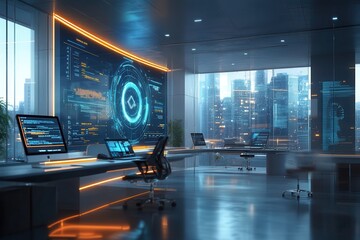 Poster - A futuristic office workspace featuring large screens, modern furniture, and a city skyline view illuminated by ambient lighting.