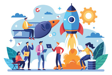 Poster - a team collaborates to launch a new business concept, showcasing creativity and innovation in a vibr