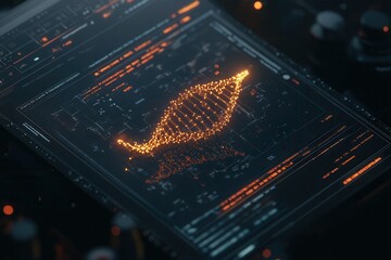Aufkleber - A glowing, abstract leaf shape appears on a dark digital interface, surrounded by vibrant data streams and technology elements.