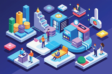 Poster - A dynamic workspace features various characters engaged in activities like analyzing, collaborating, and planning New customizable isometric illustrations.