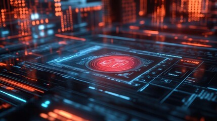Fototapete - A futuristic digital circuit design featuring vibrant red and blue lights, symbolizing advanced technology and data processing.