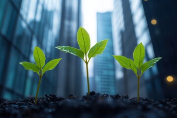 Poster - Three green seedlings emerge from dark soil amidst tall buildings, symbolizing resilience and growth in an urban environment.