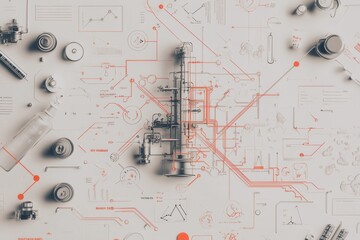 Poster - A detailed overhead view of mechanical components arranged on a surface, featuring circuit-like patterns and a central complex structure.