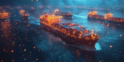 Poster - A mesmerizing night scene of illuminated ships sailing through a misty waterway, creating a magical and serene atmosphere.